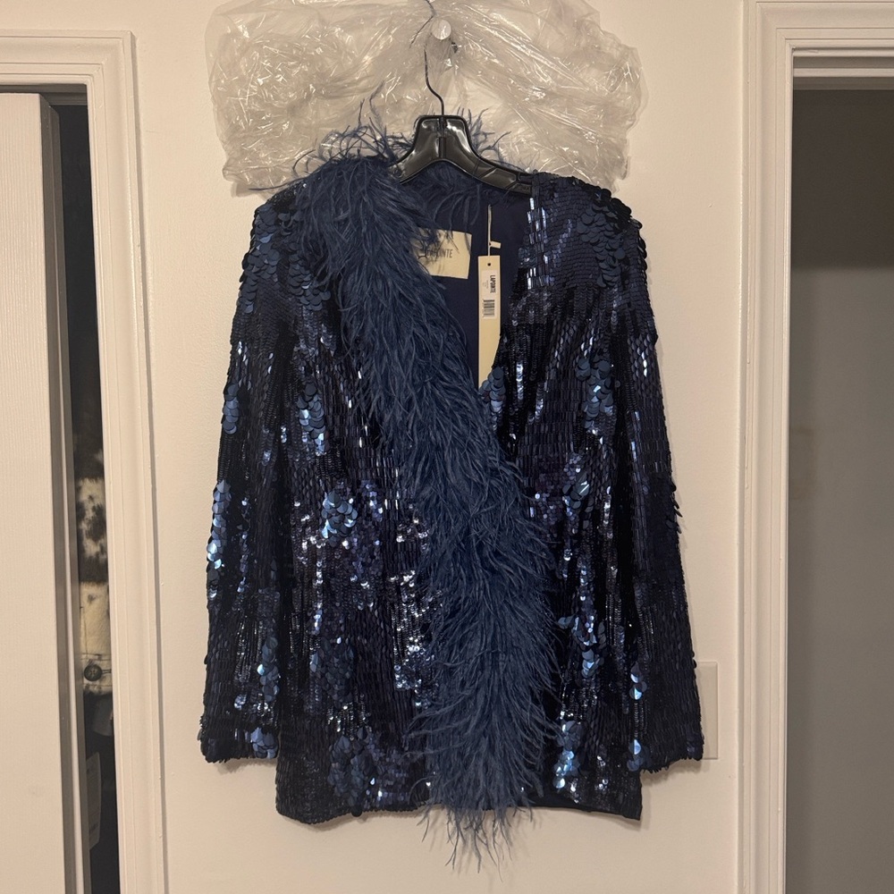 LAPOINTE Blue Blazer Patchwork Sequin Feather Trim Blazer - Picture 10 of 13